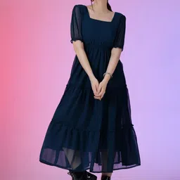 Femvy Puff Sleeve Applique Georgette Fit & Flare Maxi Dress-image-19