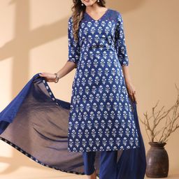 Janasya Women Floral Printed Regular Thread Work Pure Cotton Kurta with Trousers & With Dupatta-picture-57