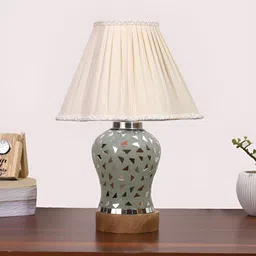 Devansh Off White Traditional Frusturical Shaped Wooden Table Lamp & Mosaic Glass-14
