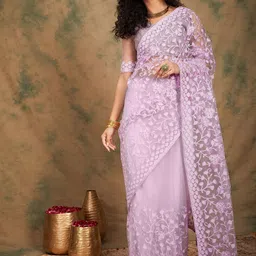 SHADOW & SAINING Ethnic Motifs Embroidered Beads and Stones Net Saree image 2