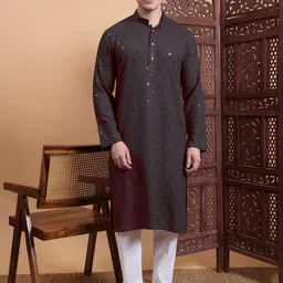 House of Pataudi Kesariya Floral Embroidered Mandarin Collar Thread Work Straight Kurta-picture-14