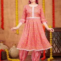 Sangria Girls Paisley Printed With Lace Work Cotton A-Line Kurta & Patiala Set-image-46