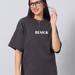 Besick Typography Printed Round Neck Drop-Shoulder Sleeves Oversized Cotton T-shirt-picture-43