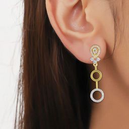 PRIVIU Gold-Plated American Diamond Studded Circular Shaped Drop Earrings-image-39