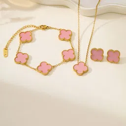 DressBerry Stainless Steel Gold Plated Stones Studded Anti Tarnish Clover Jewellery Set-25