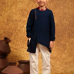MIRALI Boys Mandarin Collar Pure Cotton Asymmetric Kurta With Trousers-image-43