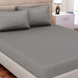 Aura Grey Striped 300 TC Queen Bedsheet with 2 Pillow Covers-image-79
