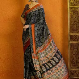 Sangria Block Printed Satin Saree With Blouse image 3