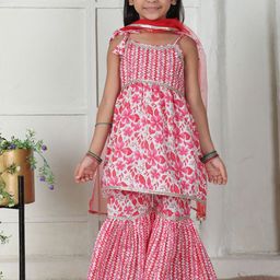 Cutiekins Girls Floral Printed Kurta with Sharara & Dupatta-picture-41