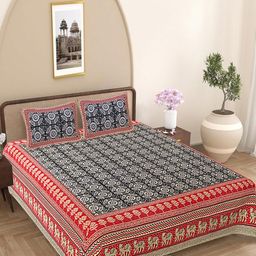 FrionKandy Living Black & Red Ethnic Motifs 180 TC King Bedsheet with 2 Pillow Covers-image-88