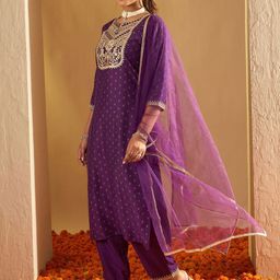 Indo Era Ethnic Motifs Printed Straight Sequinned Kurta with Trousers & Dupatta-17