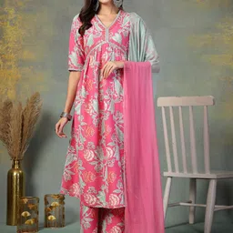Stylum Floral Printed V-Neck Anarkali Mirror Work Kurta With Palazzos And Dupatta-49