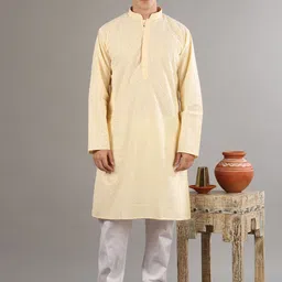Exotic India Geometric Texture With Spiral-Diamond Element Embroidered Pale Yellow Kurta-image-28