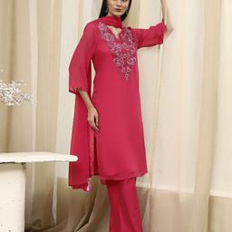 Biba Women Embroidered Straight Kurta with Palazzos & Dupatta-image-96