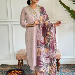 KALINI Floral Embroidered V-Neck Chanderi Silk Straight Kurta With Trouser And Dupatta-24