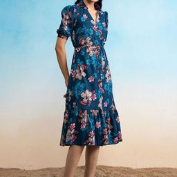 Raiyani Fashion Women Floral Printed Shirt Collar Puff Sleeve Fit And Flare Dress-picture-4
