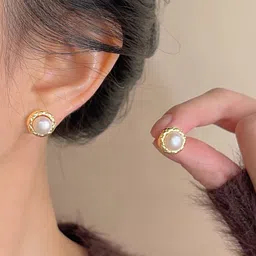 VAGHBHATT Gold-Plated Pearls Beaded Textured Rim Circular Studs image 5