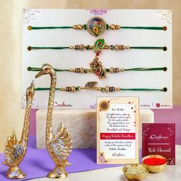 eCraftIndia Green 4 Pieces Rakhi Swan Couple Showpiece Greeting Card & Roli Chawal-image-73