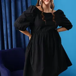 CURVY STREET Puff Sleeve Fit & Flare Dress-image-32