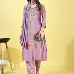 KALINI Floral Yoke Design Thread Work Panelled A-Line Kurta With Trousers & Dupatta-picture-51