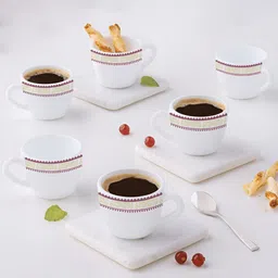 Larah by BOROSIL White & Green 6 Pieces Printed Opalware Glossy Cups And Mugs 90ML-48