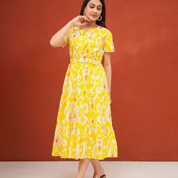 Label Ceres Ikat Printed Cotton Fit & Flare Midi Dress-image-39
