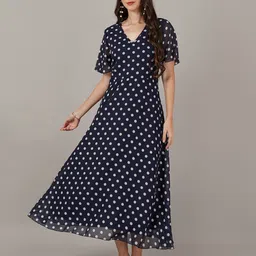 Curvydrobe Women Polka Dot Printed Georgette Fit and Flare Maxi Dress-image-76