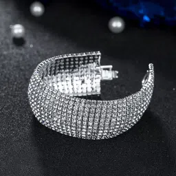 Yellow Chimes Women Silver-Toned & White Crystals Rhodium-Plated Cuff Bracelet-14