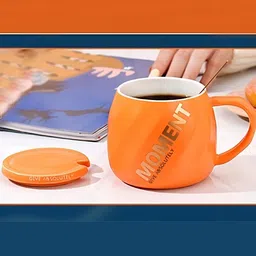 BonZeaL Orange Printed Ceramic Glossy Coffee Mug With Lid Spoon 430 ml-34