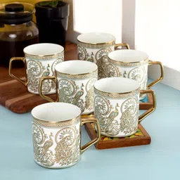 CLAY CRAFT White & Gold  Set of 6 Dishwasher & Microwave Safe Ceramic Cups 220 ml Each-10