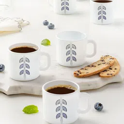 Larah by BOROSIL Set Of 6 White & Blue Printed Opalware Glossy Mugs-8
