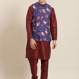 SOJANYA Men Maroon Regular Kurta with Churidar & Nehru Jacket-picture-13