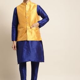 SOJANYA Men Blue & Mustard Yellow Kurta with Pyjamas & Woven Design Nehru Jacket-3