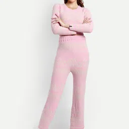 CREATIVE LINE Self Design Knitted Round Neck Sweater Trousers Co-Ords-image-48