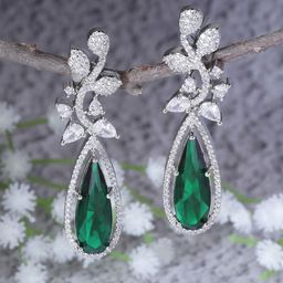 ZENEME Rhodium-Plated American Diamond Studded Teardrop Shaped Drop Earrings-95