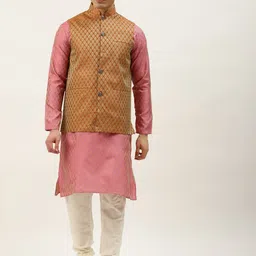 SOJANYA Men Pink & Orange Ethnic Motifs Kurta with Churidar & Nehru Jacket-48
