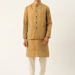 SOJANYA Men Mustard Yellow & Off-White Jacquard Kurta with Churidar & Nehru Jacket-58