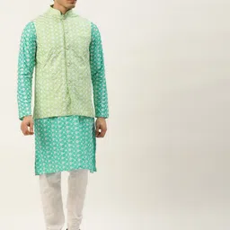 SOJANYA Men Green & Blue Ethnic Motifs Embroidered Kurta with Churidar-image-76