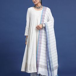 Taavi Striped Traditional Bengali Style Cotton Linen Dupatta With Pom Pom Tassels-picture-17