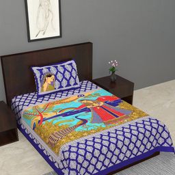 Salgia Blue & White Ethnic Motifs 144 TC Single Bedsheet with 1 Pillow Covers-image-90
