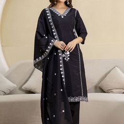Trendmalls Floral Yoke Design V-Neck Chanderi Silk Straight Kurta Trousers & Dupatta-image-43