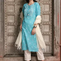 BANDIA Women Bandhani Printed Regular Mirror Work Pure Cotton Kurta with Trousers & With Dupatta-picture-2