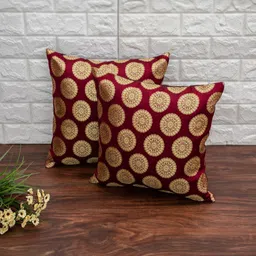 RoyalDeco Maroon & Gold-Toned 2 Pieces Ethnic Motifs Brocade Silk Square Cushion Covers-image-80