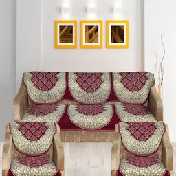 Nendle Maroon & White 6 Pieces Printed Cotton 5-Seater Sofa Covers-7