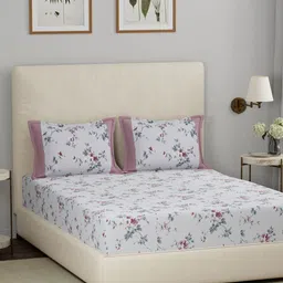 MASPAR Eclectic Garden White Floral Printed 210 TC Cotton Queen Bedsheet & 2 Pillow Cover-picture-13