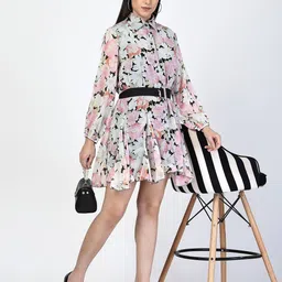 COSMIC TRIO Floral Printed Puff Sleeve Chiffon Shirt Dress with Belt-picture-10