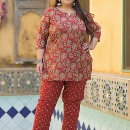 Lee Moda Printed Pure Cotton V-Neck Three Fourth Sleeve Plus Size Tunic & Trouser Co-Ord-7