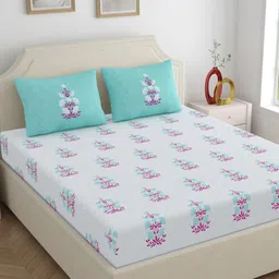 Home Ecstasy Teal & White Floral Printed Cotton 140 TC King Bedsheet 2.20 m X 2.74 m-picture-45