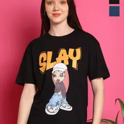 Metronaut Women Pack Of 2 Graphic Printed Round Neck Cotton Oversized T-shirts-image-69