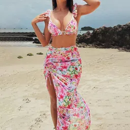 Plus Curvves Blossom Floral Printed Ruffled Swimwear Cover Up Set-image-13